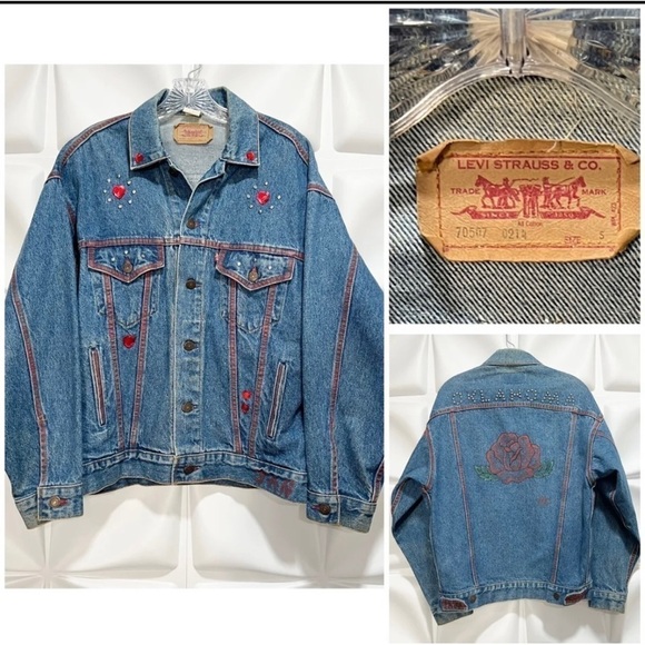 Vintage Levi's Womens Sz M Denim Trucker Jacket Oklahoma Studded Embellished - Picture 1 of 10